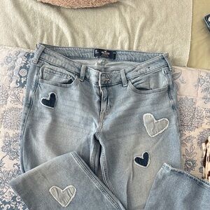 Hollister Light Blue Low Rise Flare Jeans with Heart Patches